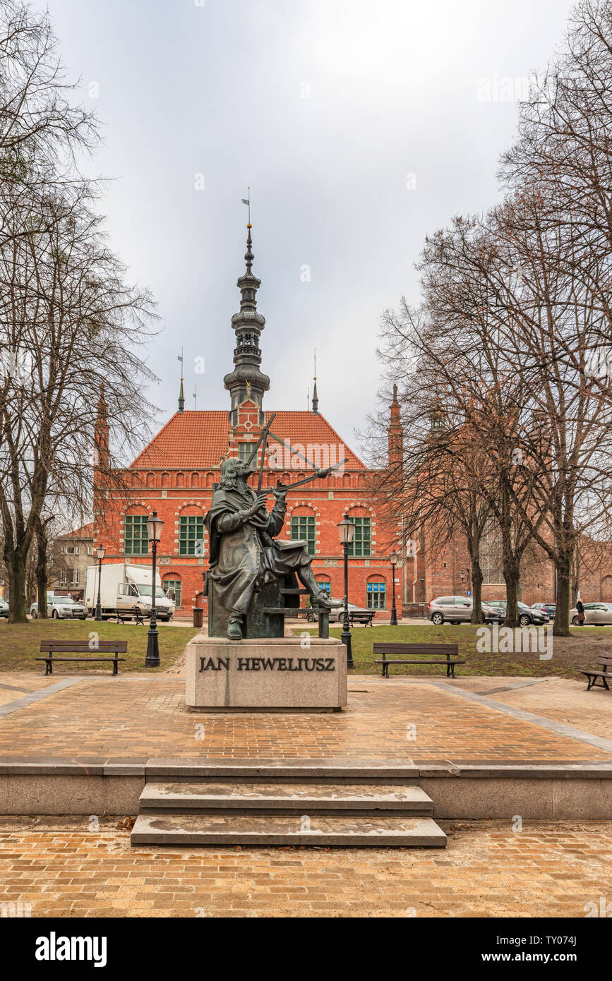 Feb 14, 2019: View at the Jan Hewliusz monument and the Old Town Hall building in the historic old Town of Gdansk, Poland. Stock Photo
