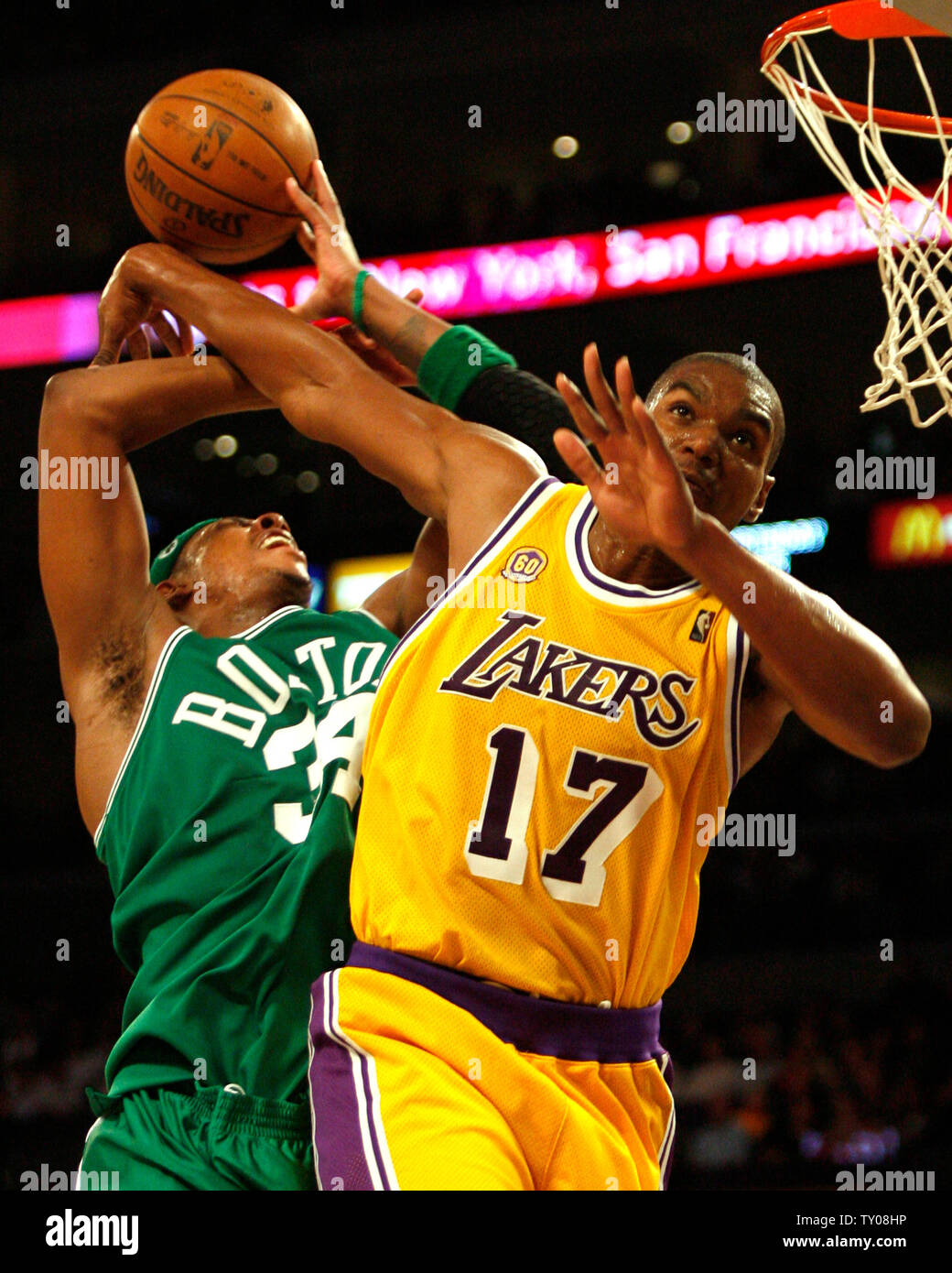 Los Angeles Lakers center Andrew Bynum (17) fouls Boston Celtics forward Paul Pierce during fourth quarter action at Staples Center in Los Angeles on December 30, 2007. The Celtics defeated the Lakers 110-91.  (UPI Photo/Jon SooHoo) Stock Photo