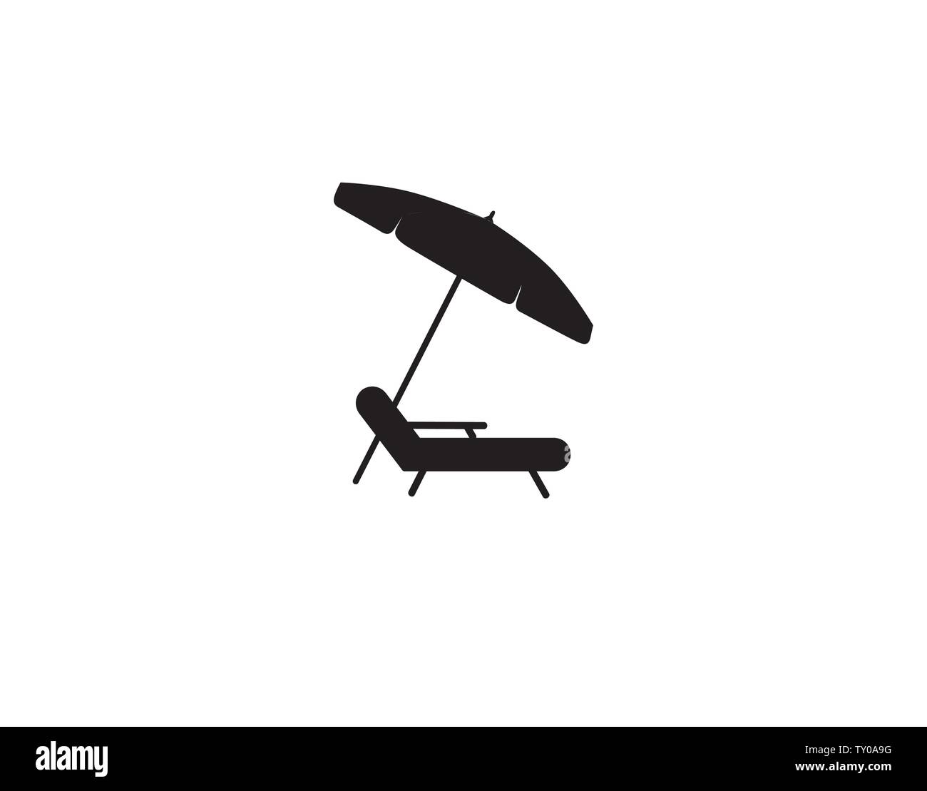 Deckchair umbrella summer beach holiday symbol silhouette. Chaise longue, parasol icon isolated. Sunbath beach resort symbol of the holidays Stock Vector