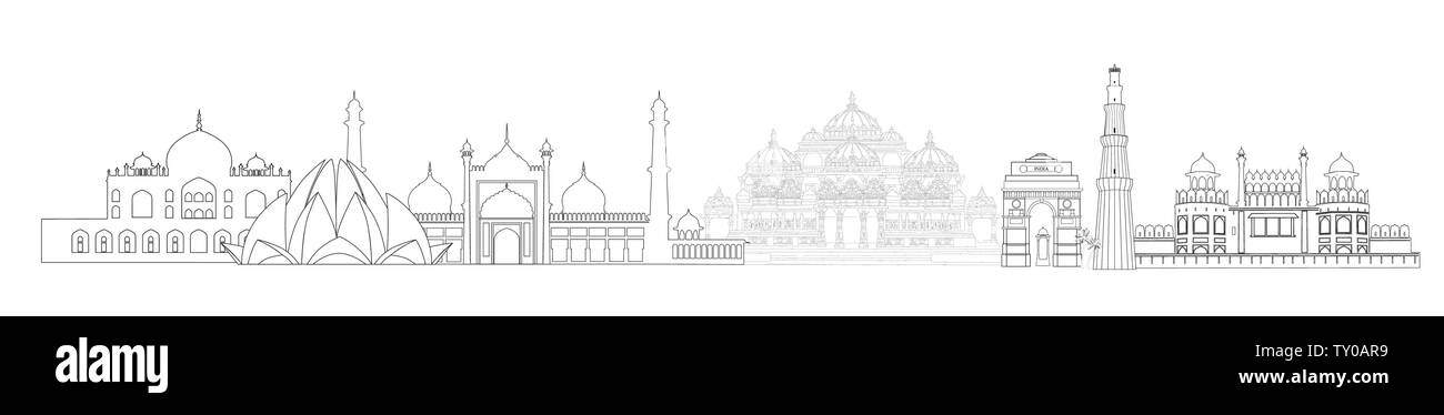 India, Delhi landmarks. Indian city New-Delhi travel skyline view Stock Vector