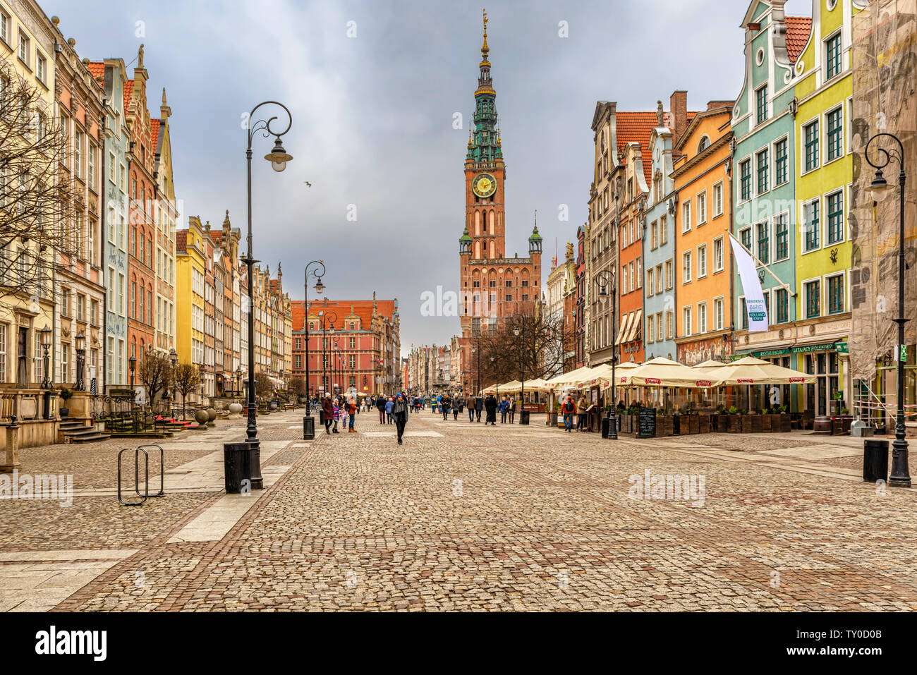 Gdansk, Poland – Feb 14, 2019: View at the houses and Town Hall building in Historic Old Town district city of Gdansk, Poland. Stock Photo