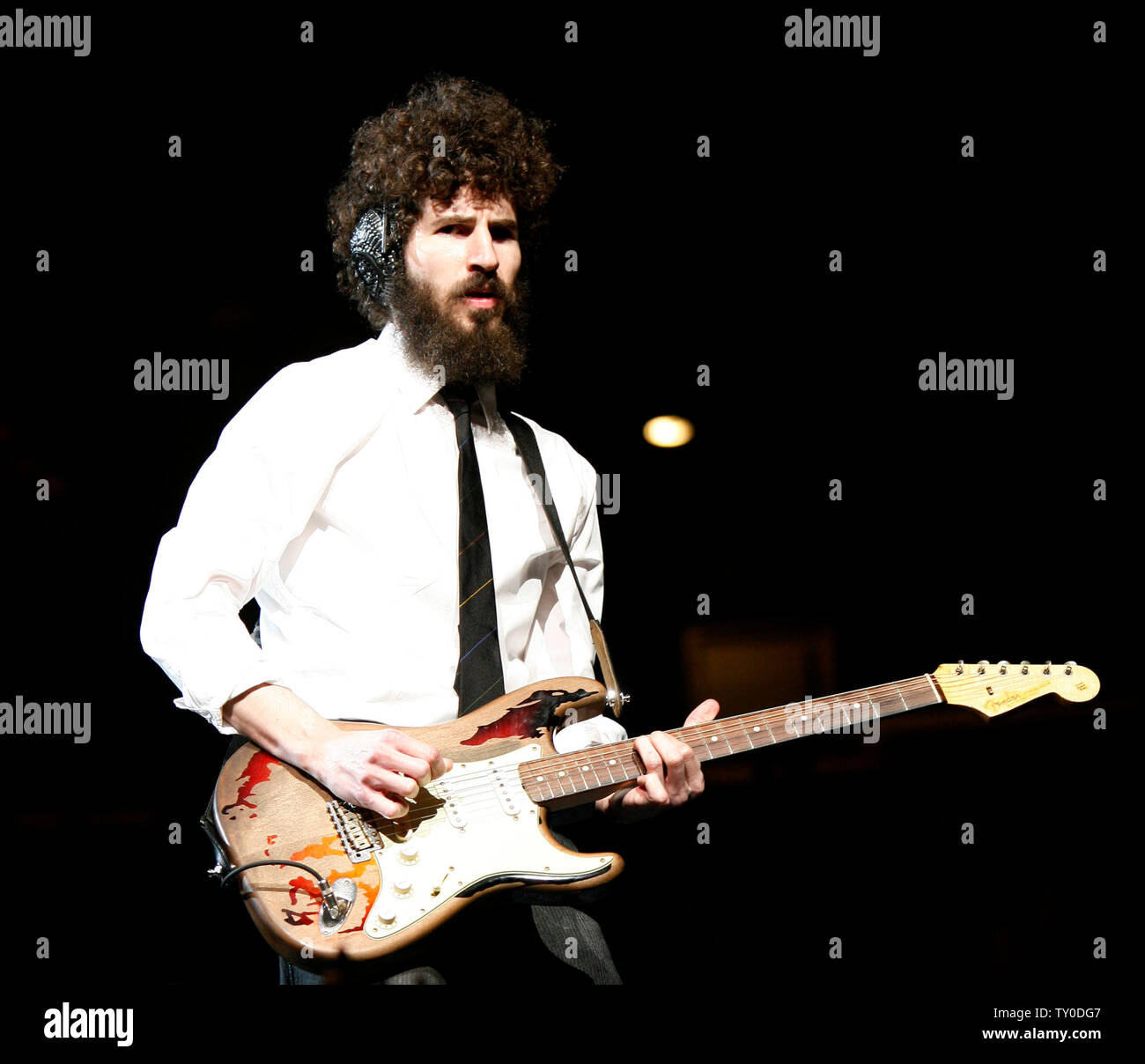 Linkin Park guitarist Brad Delson performs in concert at the Staples Center in Los Angeles on March 4, 2008.   (UPI Photo/David Silpa) Stock Photo