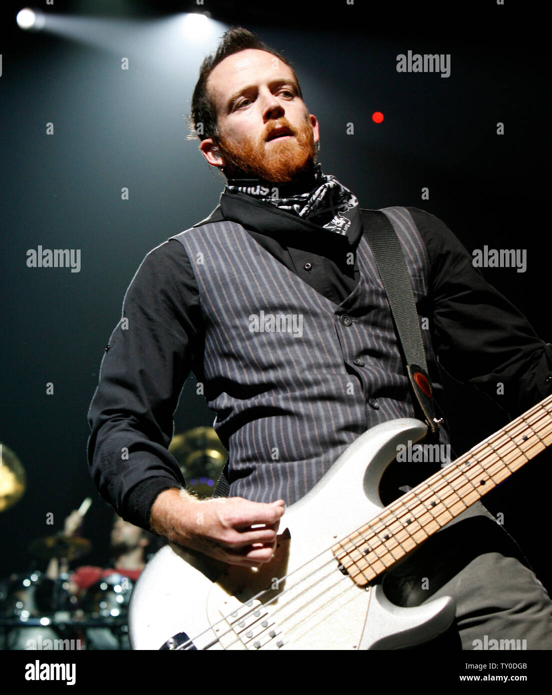 Linkin Park bass player Dave "Phoenix" Farrell performs in concert at