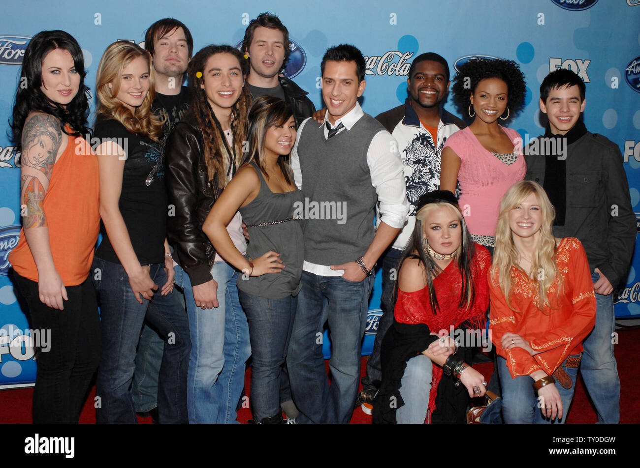 Finalists (L-R) Carly Smithson, Kristy Lee Cook, David Cook, Ramiele Malubay, Jason Castro, Michael Johns, David Hernandez, Chikezie, Amanda Overmyer, Brooke White, Syesha Mercado and David Archuleta pose at the American Idol Top 12 party honoring the finalists in the 'American Idol" television reality series in Los Angeles on March 6, 2008. (UP Photo/Jim Ruymen) Stock Photo