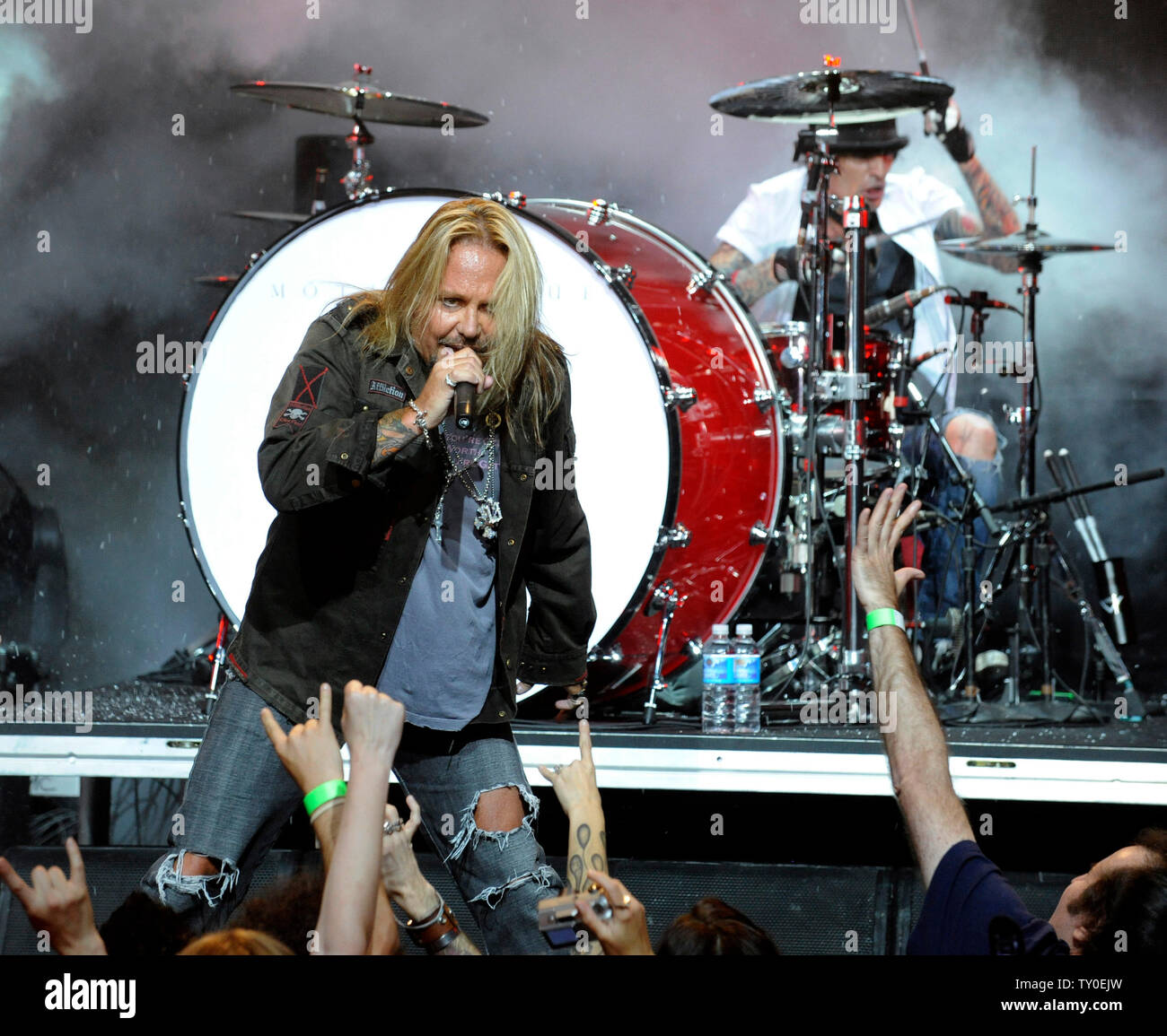 Drummer Tommy Lee (R) and lead singer Vince Neil of Motley Crue perform at  Avalon in the Hollywood section of Los Angeles on April 15, 2008. The band  announced on Tuesday the