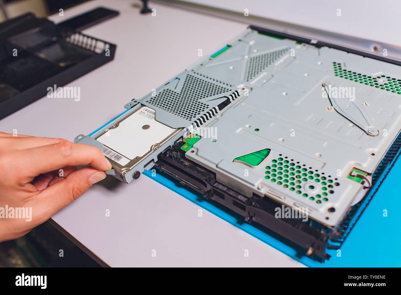 top view of a clean and shining video game console after the internal