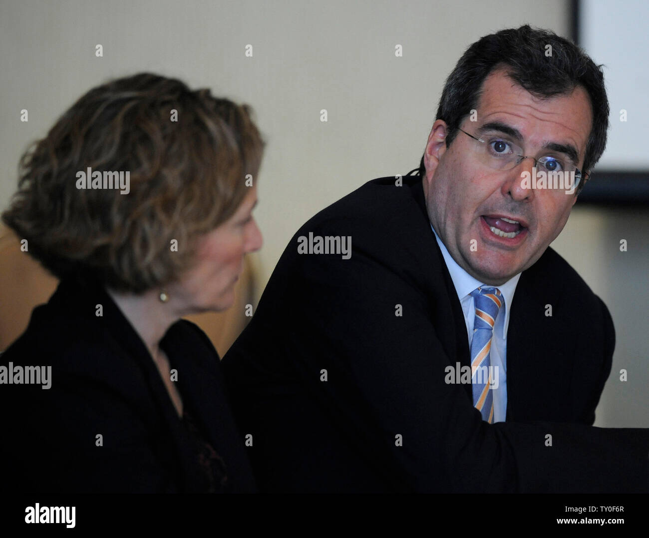 Laurie Rubiner, executive director, Malaria No More Policy Center (L) and Peter Chernin, president and COO of News Corporation participate in Eliminating Malaria: A Workshop at the 2008 Milken Institute Global Conference in Beverly Hills, California on April 29, 2008. (UPI Photo/Jim Ruymen) Stock Photo