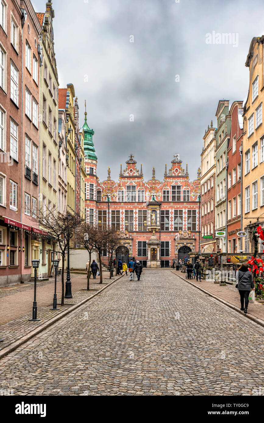 Gdansk, Poland - Feb 14, 2019: View at the Buildings at Piwna street in historeical old town district of thecity of Gdansk in Poland Stock Photo