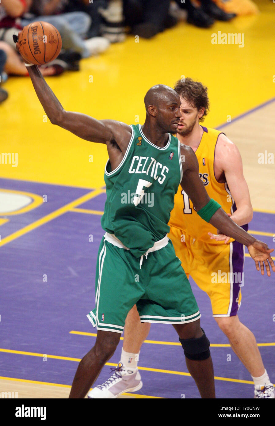 Boston Celtics' Kevin Garnett (5) posts up against Los Angeles Lakers' Pau Gasol in Game 3 of the NBA finals at Staples Center in Los Angeles on June 10, 2008. The Lakers defeated the Celtics 87-81 to stave off a 3-0 hole in the best-of-seven series. The Celtics lead the series 2-1.  (UPI Photo/Lazlo Fitz) Stock Photo
