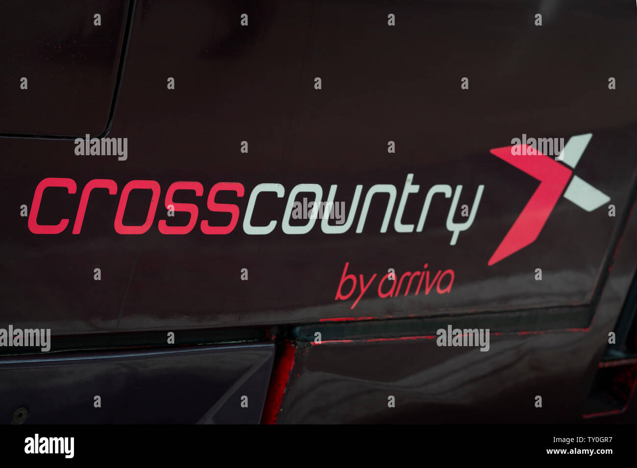 The logo of CrossCountry is seen on the side of one of its Voyager trains. Stock Photo
