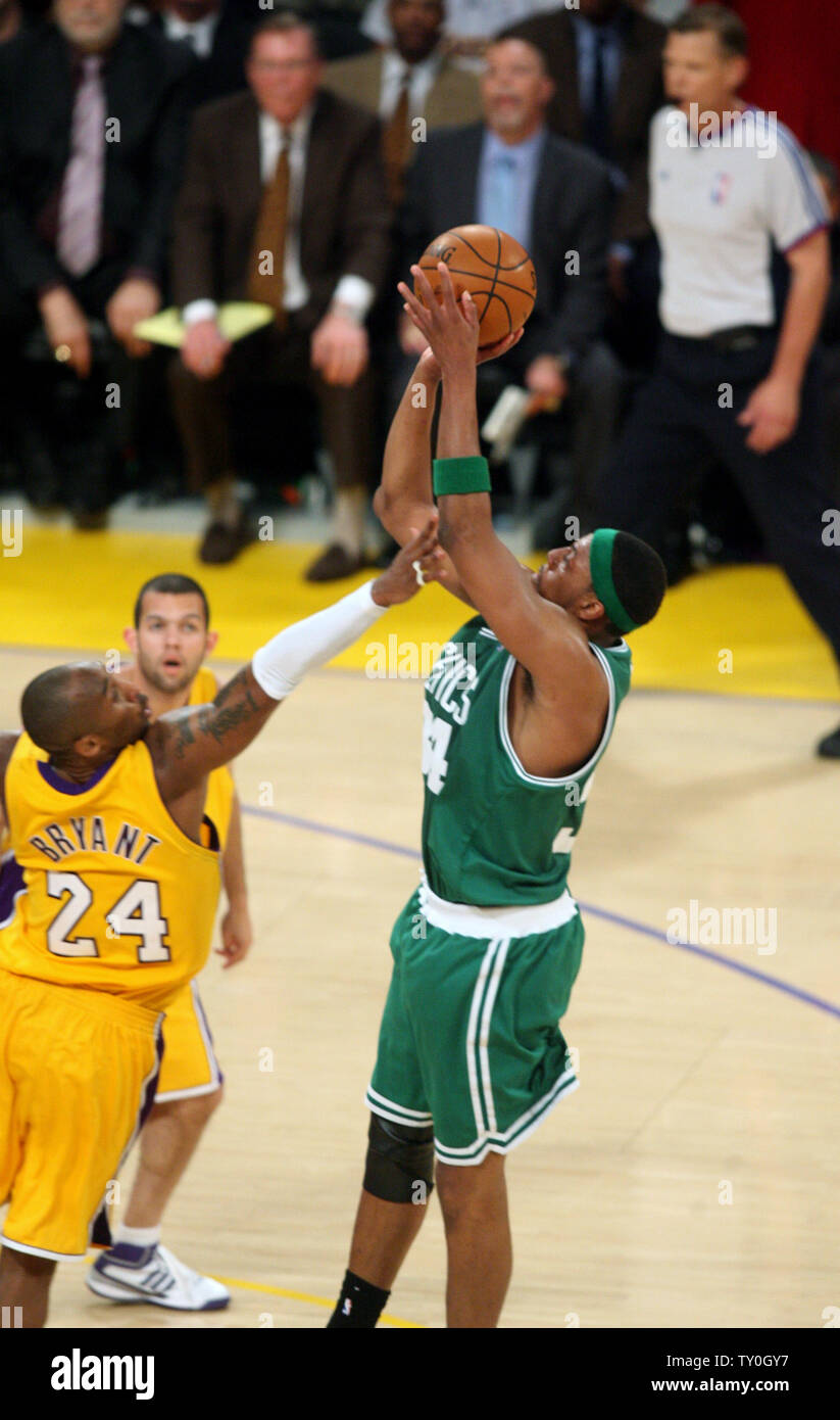 Boston Celtics Paul Pierce Shoots Over Los Angeles Lakers Kobe Bryant 24 In Game 4 Of The Nba Finals At Staples Center In Los Angeles On June 12 2008 The Celtics Defeated