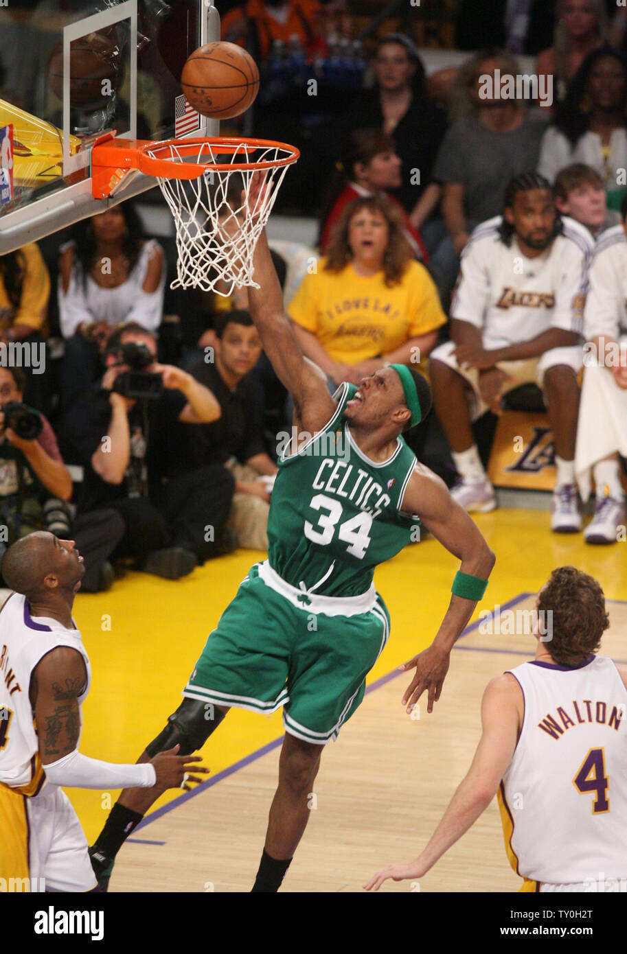 Boston Celtics Paul Pierce Scores Over Los Angeles Lakers Kobe Bryant L In Game 5 Of The Nba Finals At Staples Center In Los Angeles On June 15 2008 The Lakers Defeated