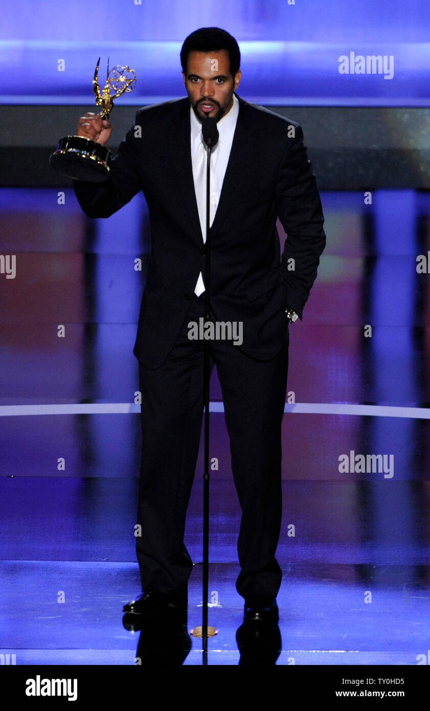Actor Kristoff St. John accepts his award for outstanding supporting actor in a drama series for 'The Young and the Restless', during the 35th annual Daytime Emmy Awards at the Kodak Theatre in the Hollywood section of Los Angeles on June 20, 2008.  (UPI Photo/Jim Ruymen) Stock Photo