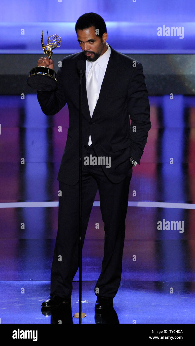 Actor Kristoff St. John accepts his award for outstanding supporting actor in a drama series for 'The Young and the Restless', during the 35th annual Daytime Emmy Awards at the Kodak Theatre in the Hollywood section of Los Angeles on June 20, 2008.  (UPI Photo/Jim Ruymen) Stock Photo
