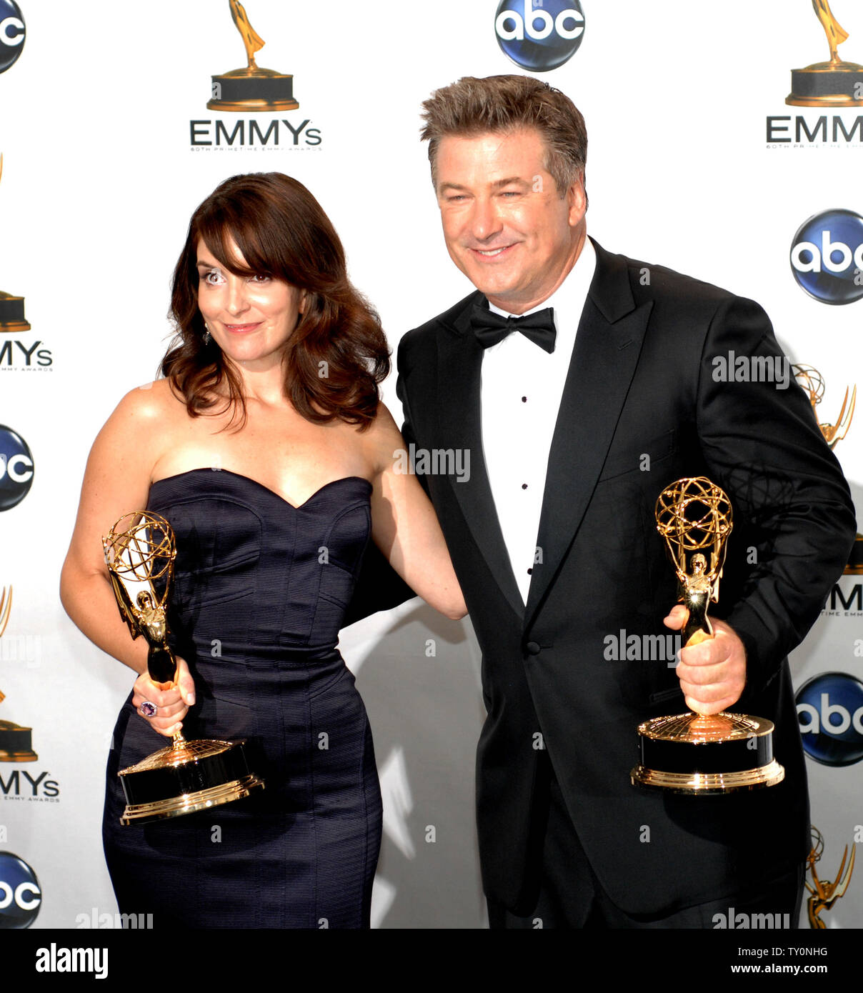 Tina Fey and Alec Baldwin appear backstage with Emmy Awards for their work on '30 Rock' at the 60th Primetime Emmy Awards at the Nokia Center in Los Angeles on September 21, 2008.    (UPI Photo/Scott Harms) Stock Photo
