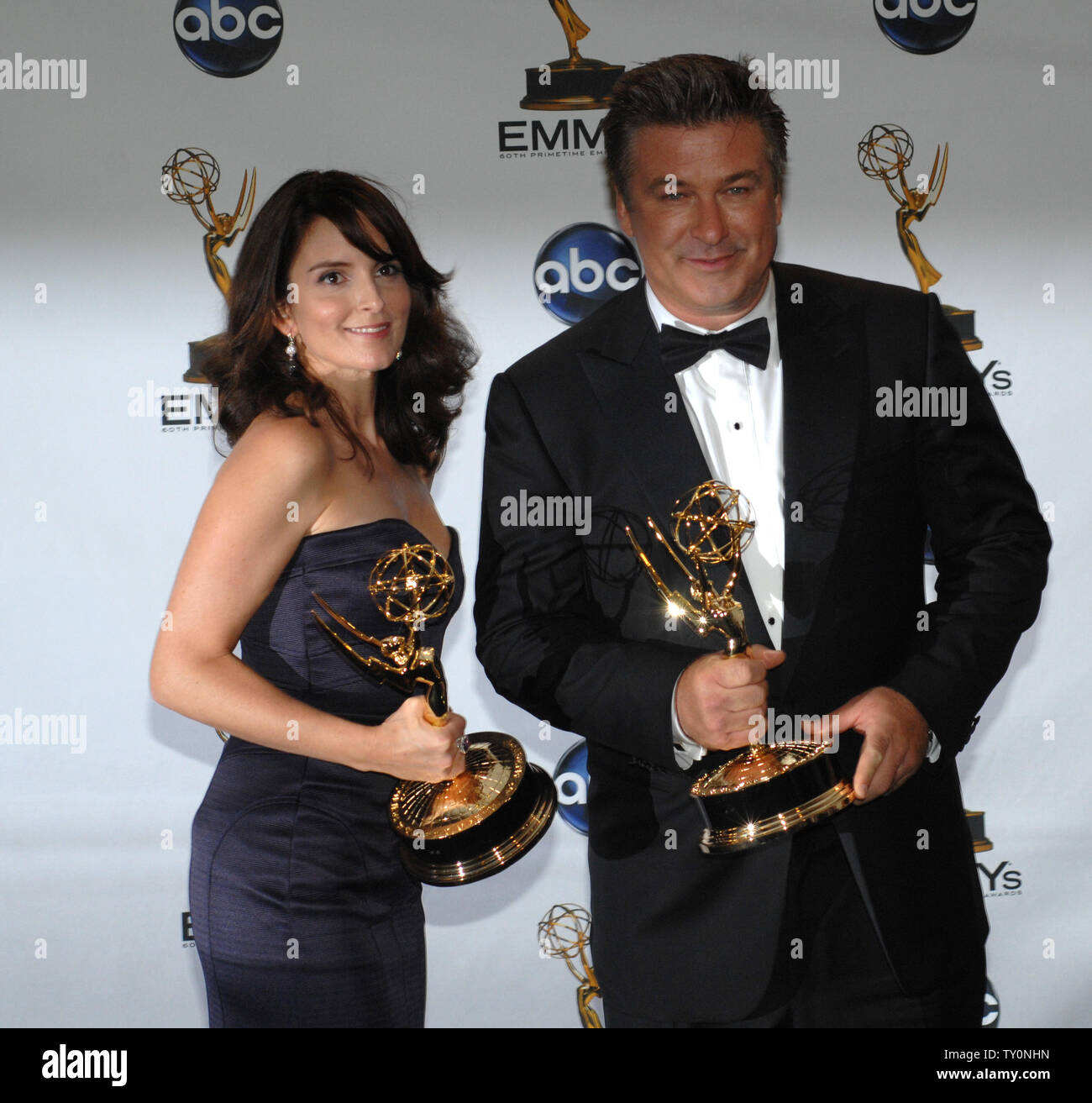 Tina Fey and Alec Baldwin appear backstage with Emmy Awards for their work on '30 Rock' at the 60th Primetime Emmy Awards at the Nokia Center in Los Angeles on September 21, 2008.    (UPI Photo/Scott Harms) Stock Photo