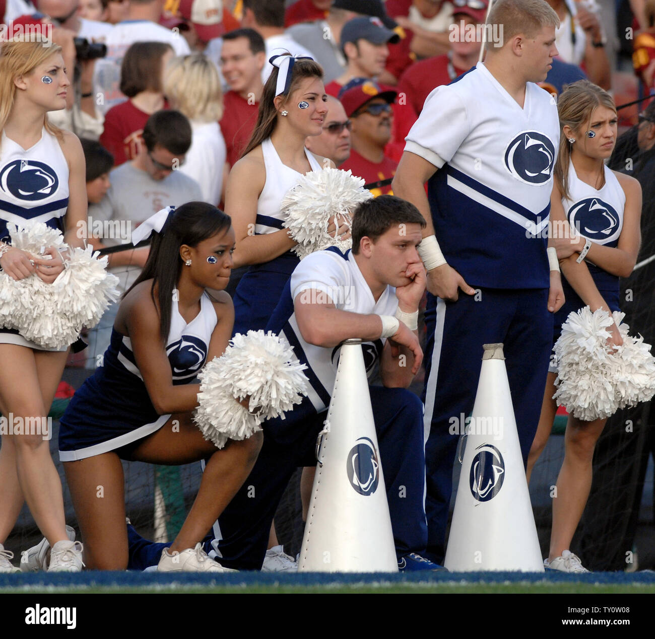 Penn State Nittany Lions cheerleaders have nothing to cheer about as they watch their team lose to the USC Trojans 38-24 in the 95th Rose Bowl Game in Pasadena, California on January 1, 2009. (UPI Photo/Shotaro Yamada) Stock Photo