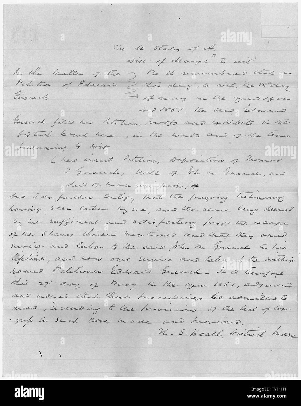 Edward Gorsuch's Original Fugitive Slave Petition and Ownership Documentation: Court Record; Scope and content:  Mr. Gorsuch requests permission of the court to seek out and recover his fugitive slaves: Noah Baley, Nelson Ford, George Hammond, Joshua Hammond, Eli Ford, and Charles Ford. The Court did grant Edward Gorsuch the right to reclaim his slaves. But upon taking this action Mr. Gorsuch lost his life and caused the so-called Christiana Riot in Lancaster County, Pennsylvania. Some say this event foretold the onset of the Civil War. The accounts of the incident state that more than a hundr Stock Photo