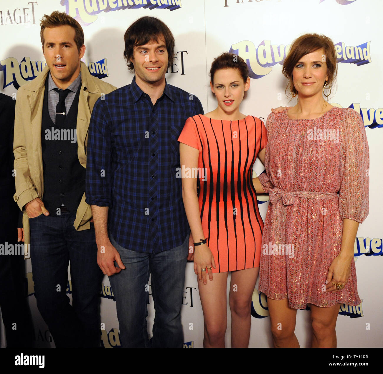 Cast members Ryan Reynolds, Bill Hader, Kristen Stewart and Kristen Wiig (L-R) attend the premiere of the motion picture comedy 'Adventureland' in Los Angeles on March 16, 2009.  (UPI Photo/Jim Ruymen) Stock Photo