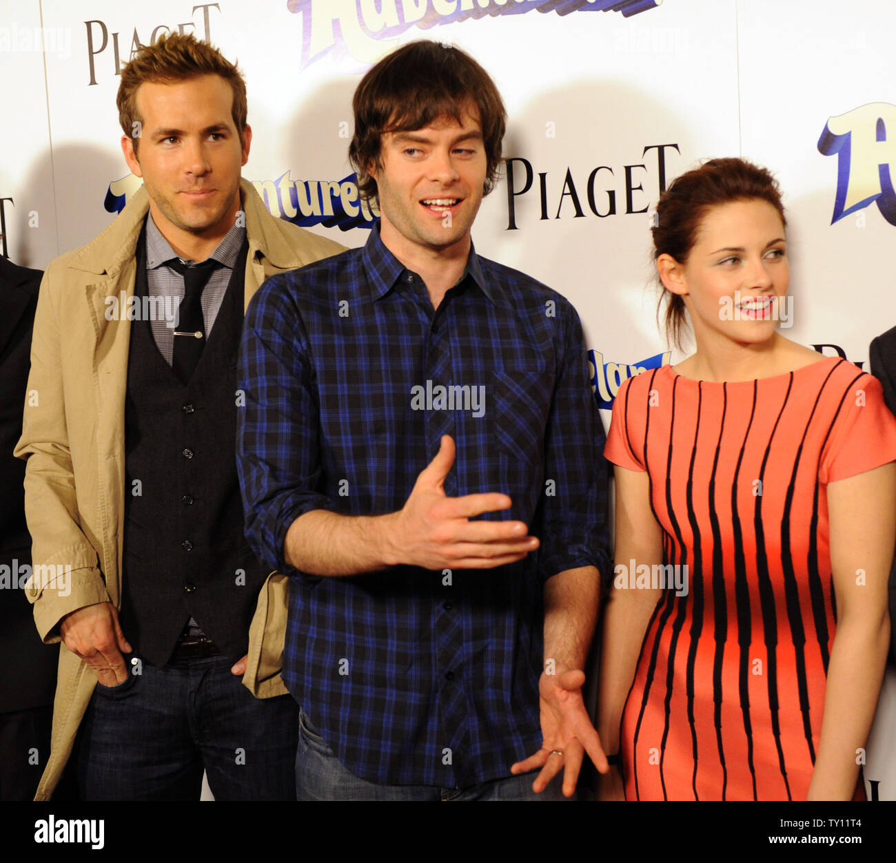 Cast members Ryan Reynolds, Bill Hader and Kristen Stewart (L-R) attend the premiere of the motion picture comedy 'Adventureland' in Los Angeles on March 16, 2009.  (UPI Photo/Jim Ruymen) Stock Photo
