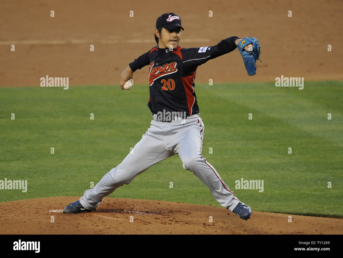 Japan's Hisashi Iwakuma pitches against Korea during the first inning of their World Baseball Classic final at Dodger Stadium in Los Angeles on March 23, 2009. (UPI Photo/ Phil McCarten) Stock Photo