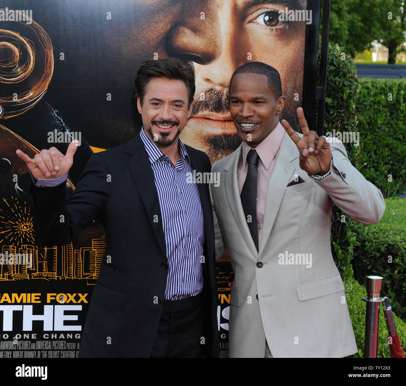 Jamie Foxx (R) and Robert Downey, Jr., costars in the biographical