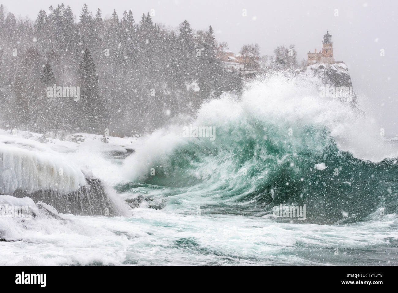Waves striking shoreline of Lake Superior, Split Rock Lighthouse State Park, February, Lake County, MN, USA, by Dominique Braud/Dembinsky Photo Assoc Stock Photo