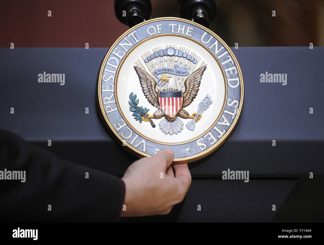 The seal of the Vice President of the United States is placed on the podium as Vice President Joe Biden tours the Esperanza Community Housing site in Los Angeles on May 15, 2009. (UPI Photo/ Phil McCarten) Stock Photo