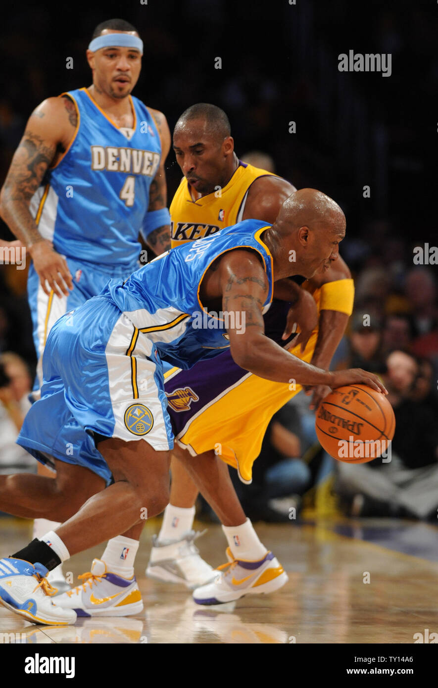 Denver Nuggets Chauncey Billups Drives Against Los Angeles Lakers Kobe Bryant In Game 1 Of The Los Angeles Lakers Vs Denver Nuggets Western Conference Finals At Staples Center In Los Angeles On