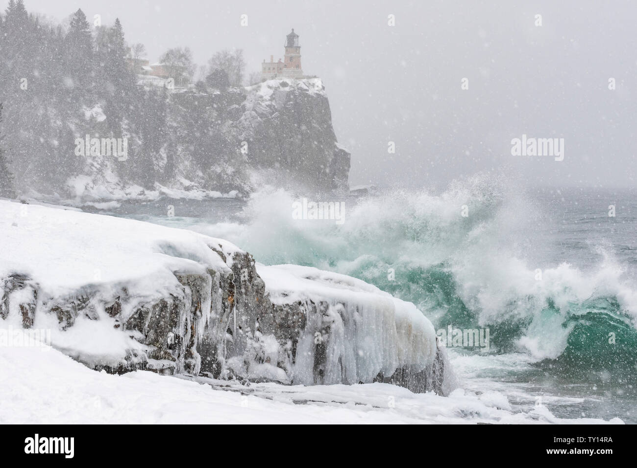 Waves striking shoreline of Lake Superior, Split Rock Lighthouse State Park, February, Lake County, MN, USA, by Dominique Braud/Dembinsky Photo Assoc Stock Photo