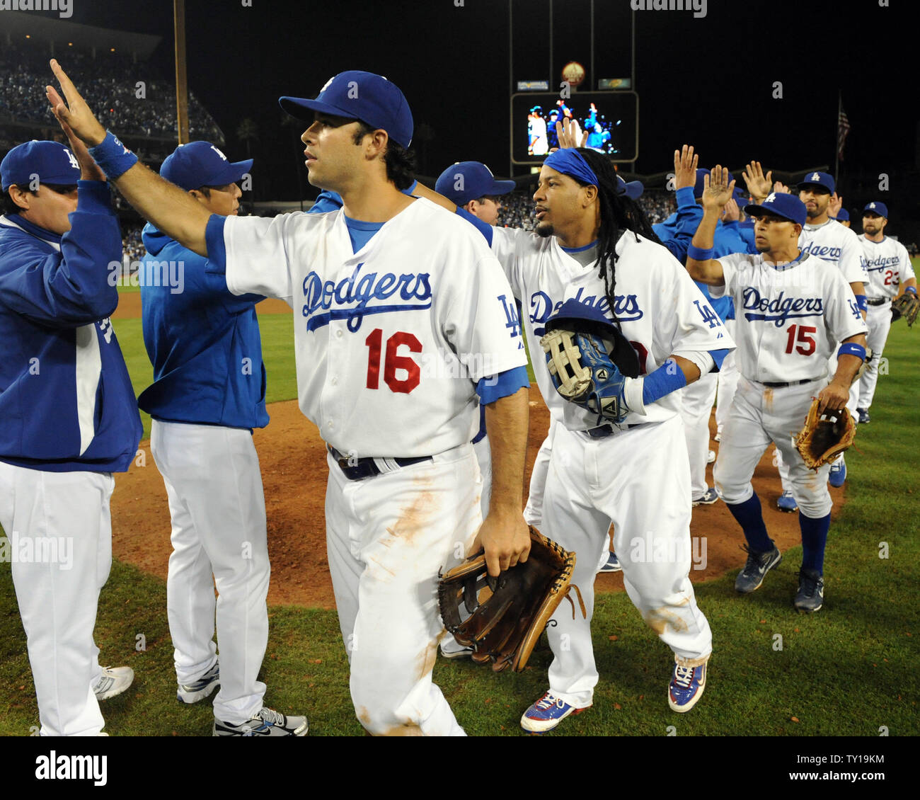 Los Angeles Dodgers' Andre Ethier celebrates victory against the St