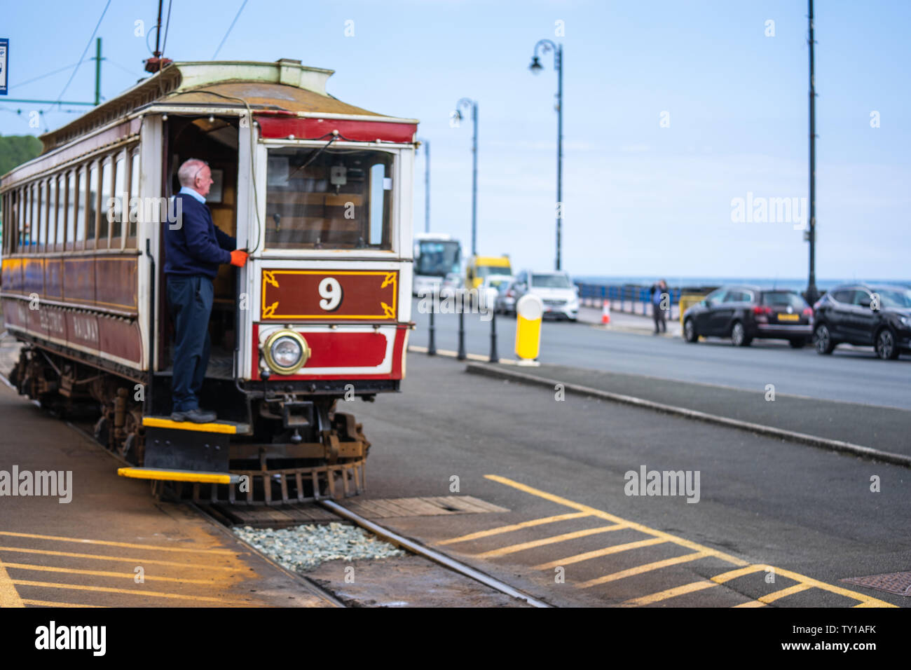 Laxey, Isle of Man, June 15, 2019. The Manx Electric Railway is an electric interurban tramway connecting Douglas, Laxey and Ramsey in the Isle of Man Stock Photo