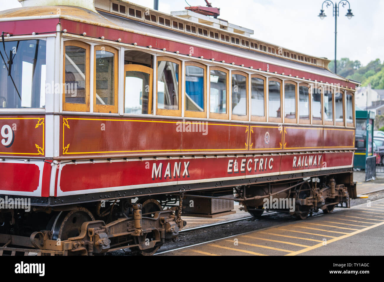 Laxey, Isle of Man, June 15, 2019. The Manx Electric Railway is an electric interurban tramway connecting Douglas, Laxey and Ramsey in the Isle of Man Stock Photo