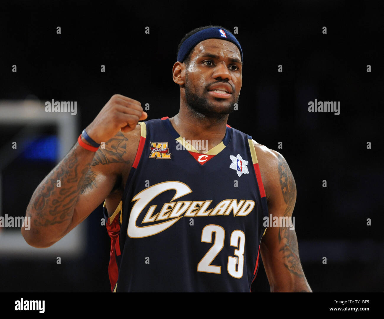 Cleveland Cavaliers' forward LeBron James reacts in the second half of  their NBA game with the Los Angeles Lakers in Los Angeles on December 25,  2009. The Cavaliers defeated the Lakers 102-87.