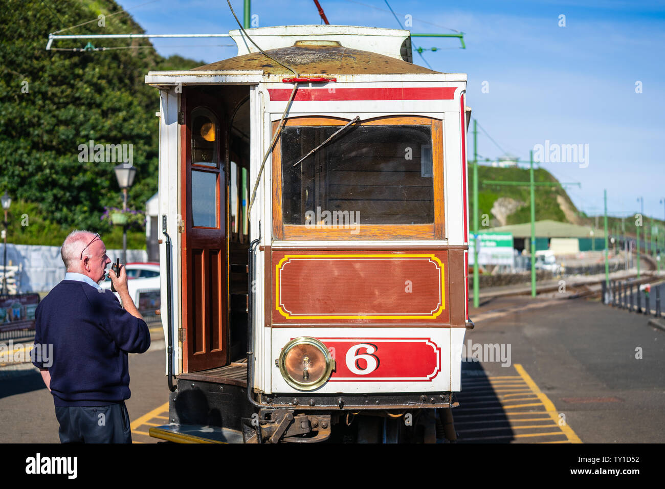 Laxey, Isle of Man, June 15, 2019. The Manx Electric Railway is an electric interurban tramway connecting Douglas, Laxey and Ramsey in the Isle of Man Stock Photo