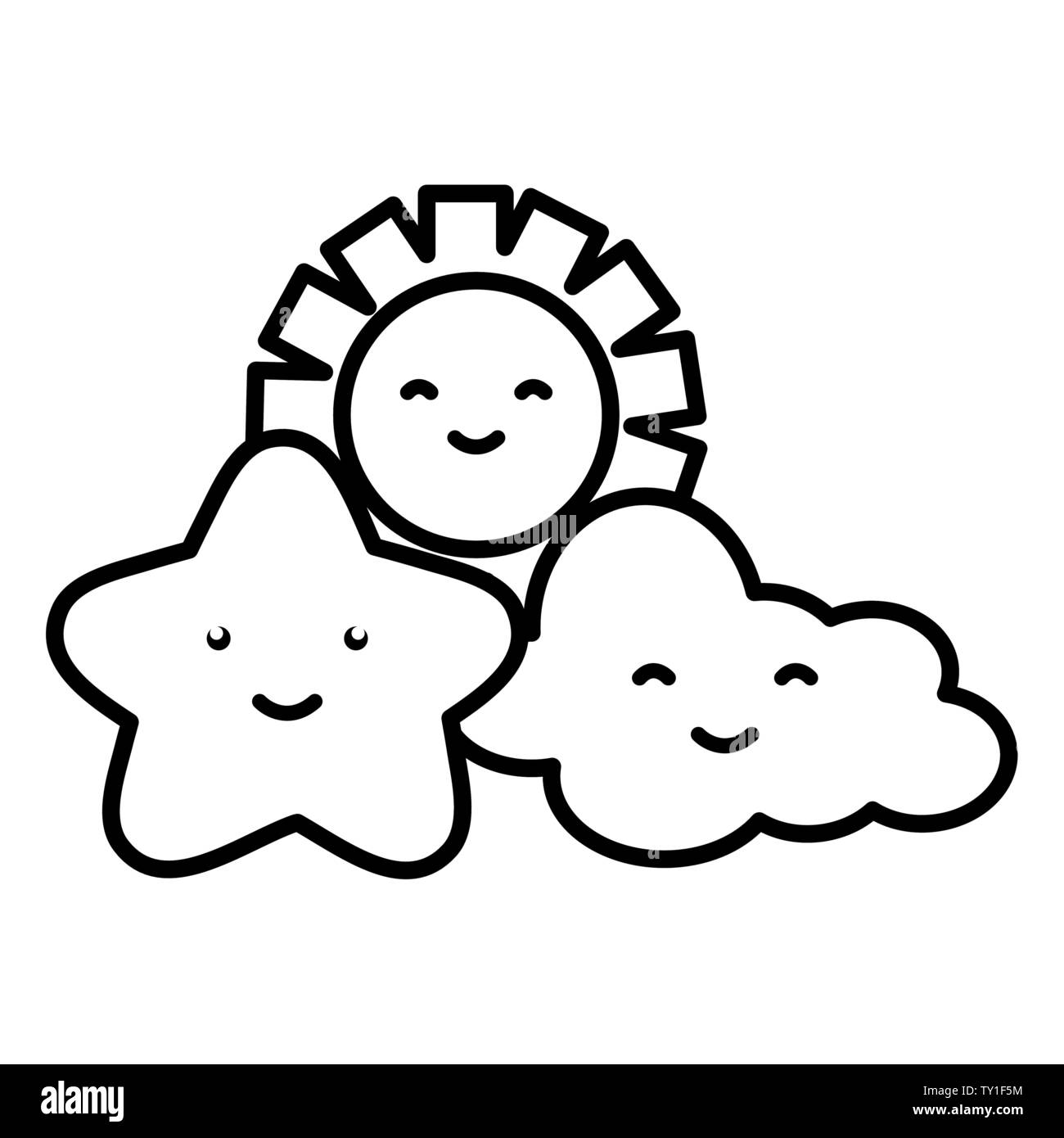 cute summer sun and clouds kawaii characters illustration design Stock ...