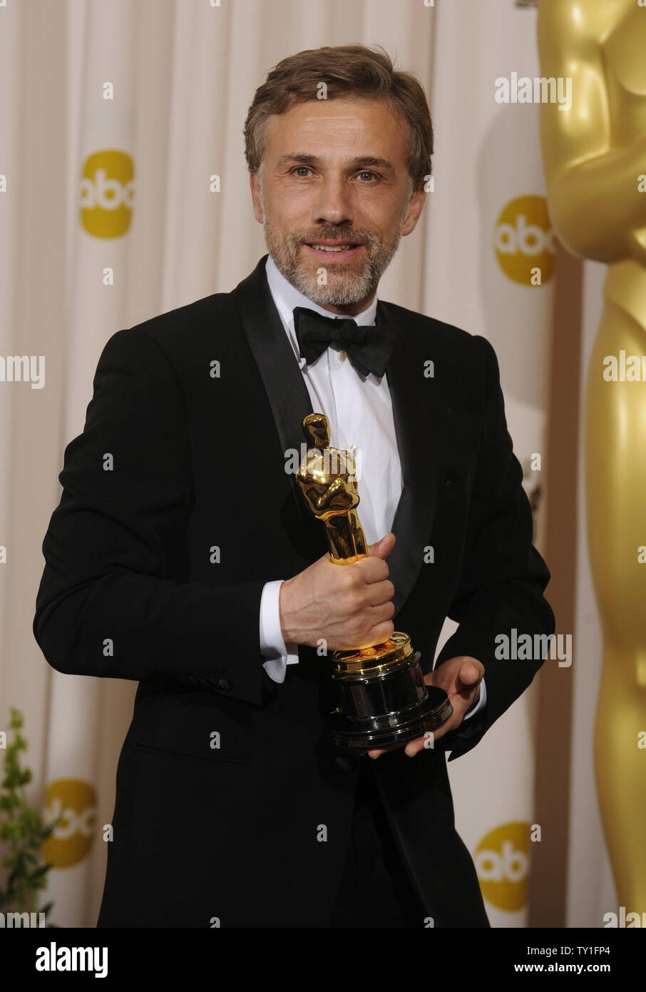 Cristoph Waltz holds his Oscar for Supporting Actor for his role in