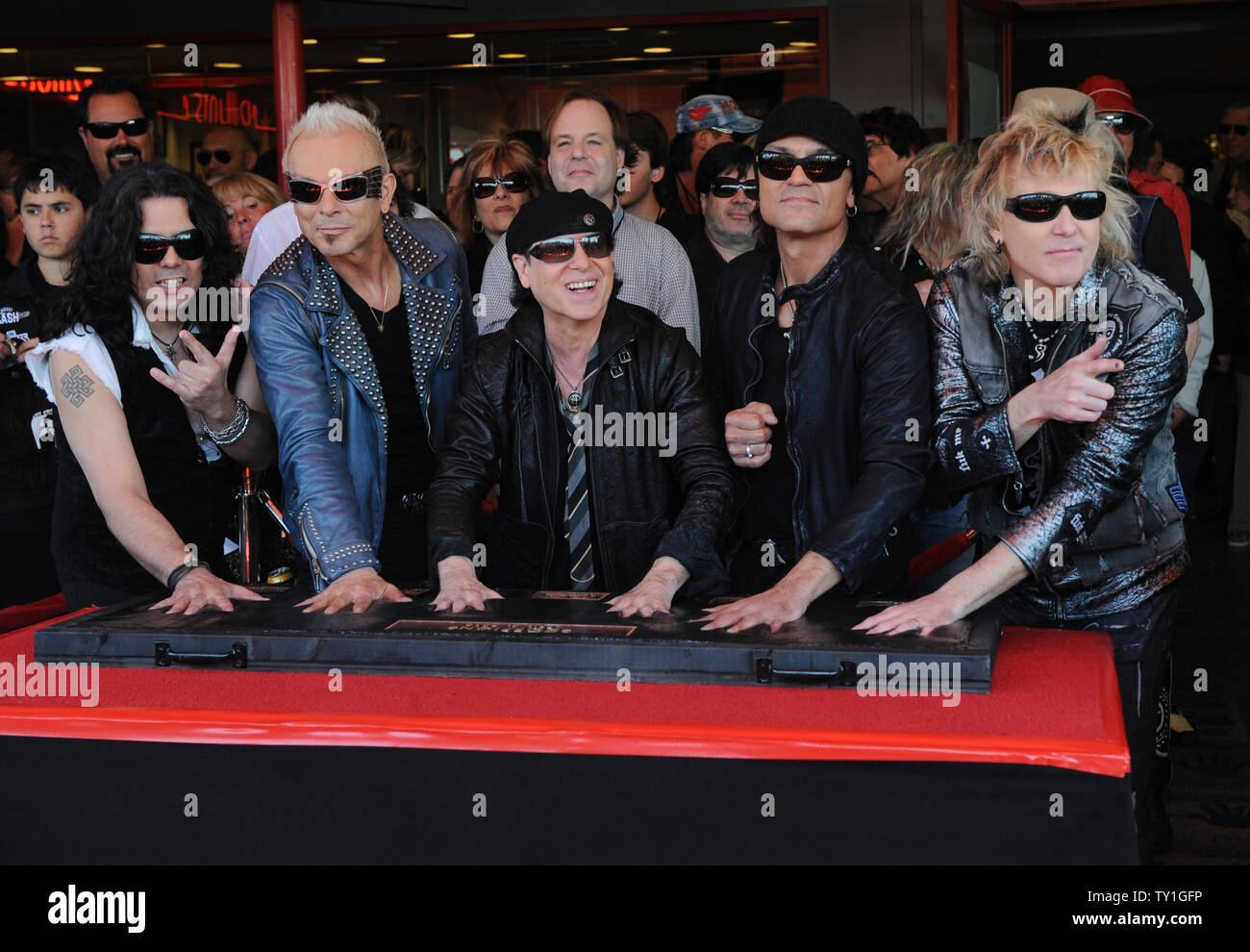 The Scorpions Pawel Maciwoda, Rudolf Schenker, Klaus Meine, Matthias Jabs, James Kottak (L-R), are inducted on Hollywood's RockWalk on April 6, 2010 in Los Angeles, California.    UPI/Jim Ruymen Stock Photo