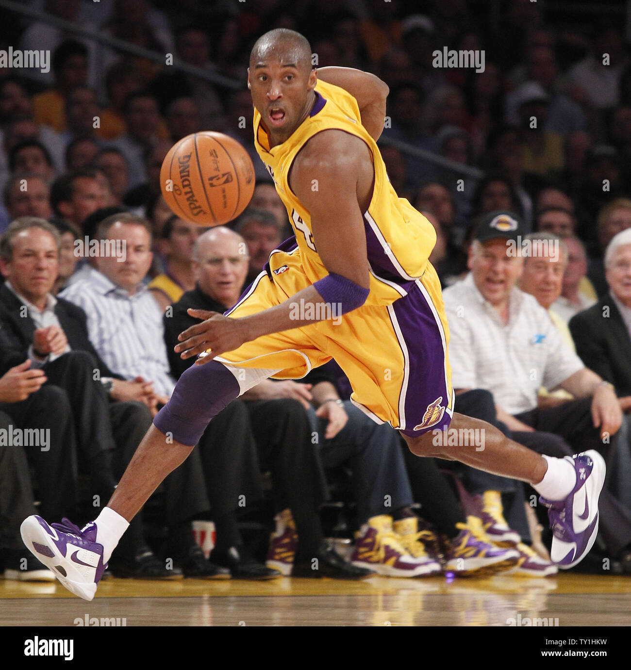 Los Angeles Lakers guard Kobe Bryant brings the ball up court against the Utah Jazz  during the first half of Game 2 of their Western Conference semifinal series at Staples Center in Los Angeles on May 4, 2010. The Lakers won 111-103 . UPI Photo/Lori Shepler Stock Photo