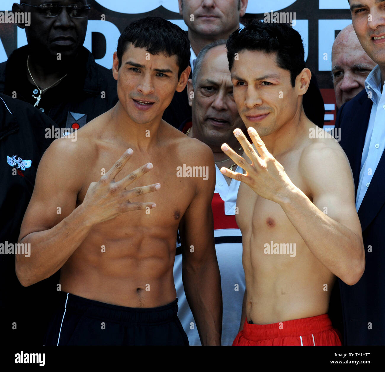 Rafael Marquez (L) and Israel Vazquez mug for the cameras after they each weighed in at 125 1/2 pounds for their fourth bout in Saturday's Showtime-televised non-title featherweight fight at Staples Center in Los Angeles on May 21, 2010.    UPI/Jim Ruymen Stock Photo