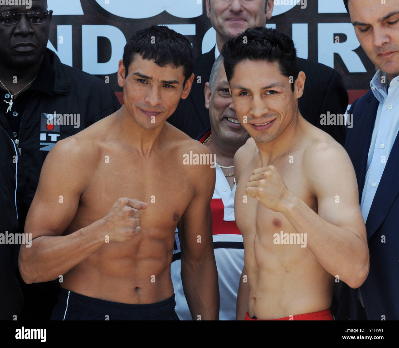 Rafael Marquez (L) and Israel Vazquez mug for the cameras after they each weighed in at 125 1/2 pounds. for their fourth bout in Saturday's Showtime-televised non-title featherweight fight at Staples Center in Los Angeles on May 21, 2010.    UPI/Jim Ruymen Stock Photo