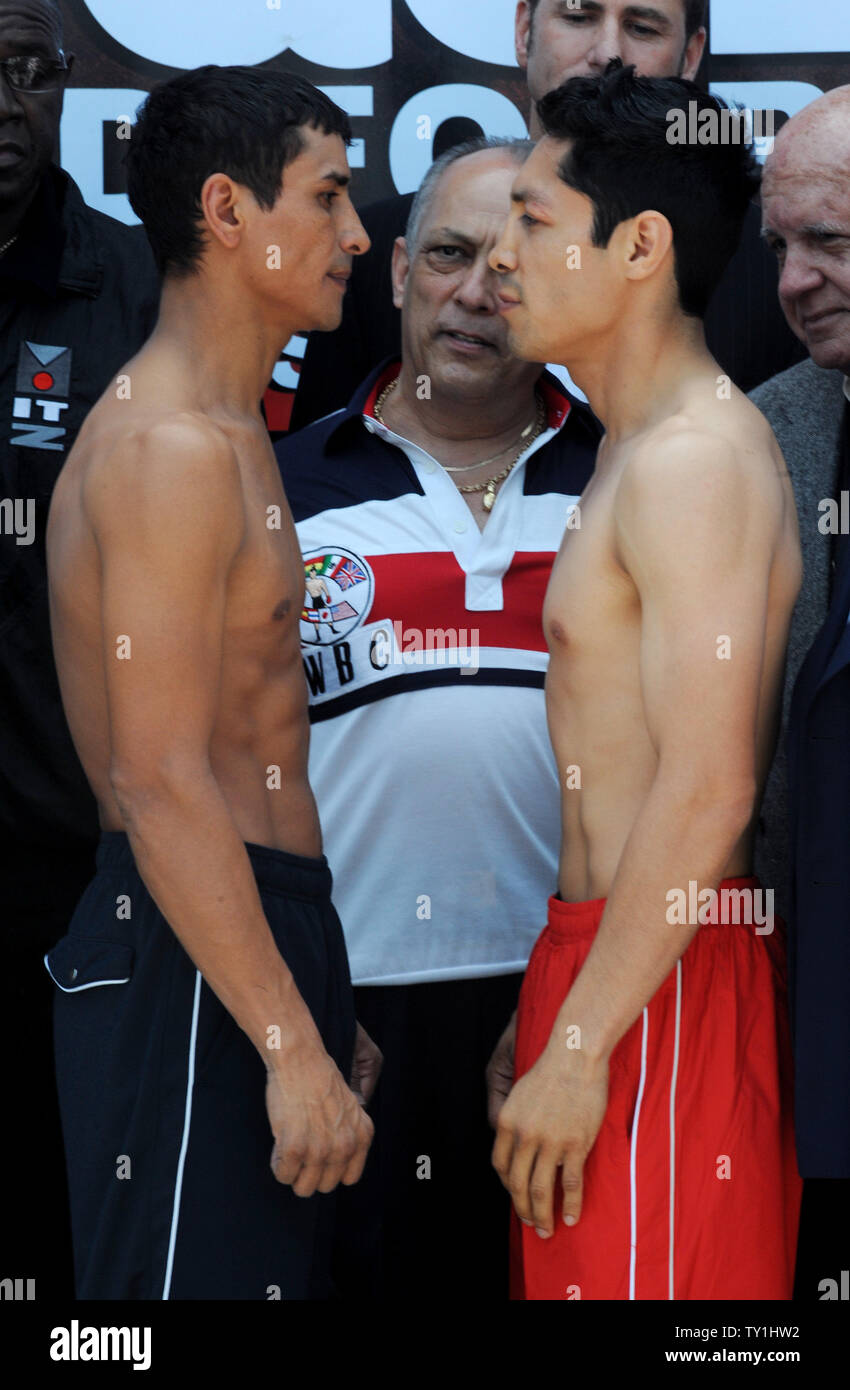 Rafael Marquez (L) and Israel Vazquez face-off after they each weighed in at 125 1/2 pounds for their fourth bout in Saturday's Showtime-televised non-title featherweight fight at Staples Center in Los Angeles on May 21, 2010.    UPI/Jim Ruymen Stock Photo