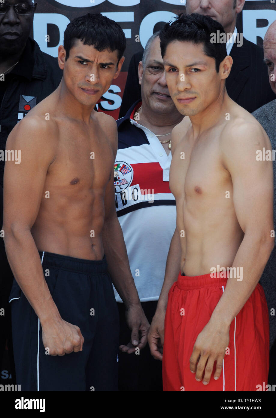Rafael Marquez (L) and Israel Vazquez mug for the cameras after they each weighed in at 125 1/2 pounds for their fourth bout in Saturday's Showtime-televised non-title featherweight fight at Staples Center in Los Angeles on May 21, 2010.    UPI/Jim Ruymen Stock Photo