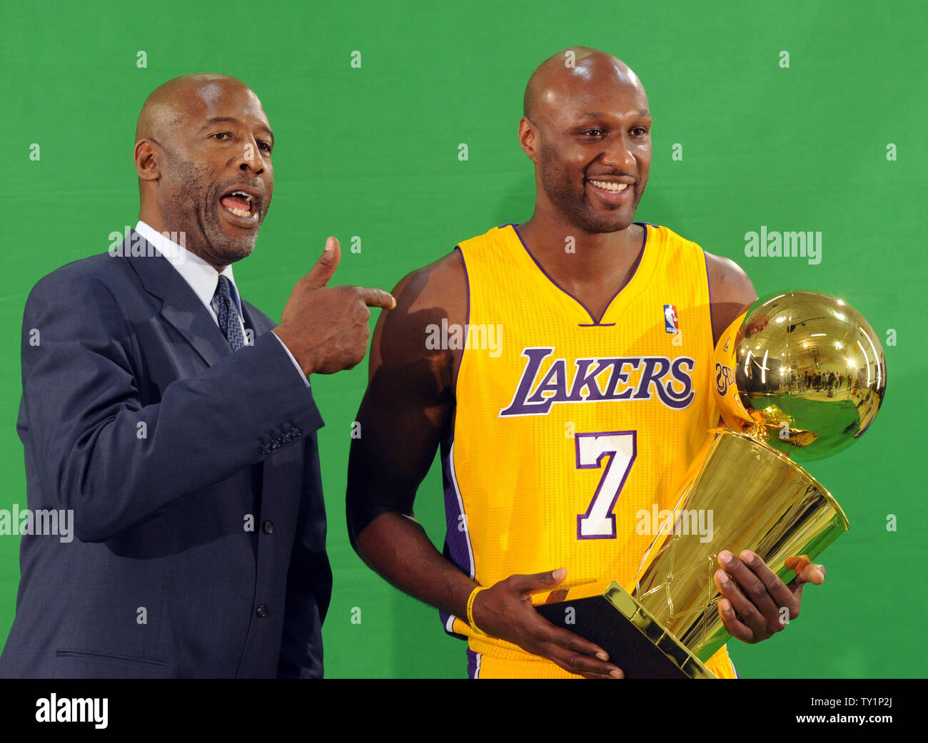 Los Angeles Lakers Lamar Odom R And Former Laker James Worthy Share A Moment During The Basketball Team S Media Day At The Lakers Training Facility In El Segundo California On September 25 Los Angeles Lakers Lamar Odom R And Former Laker James Worthy Share A Moment During The Basketball Team S Media Day At The Lakers Training Facility In El Segundo California On September 25