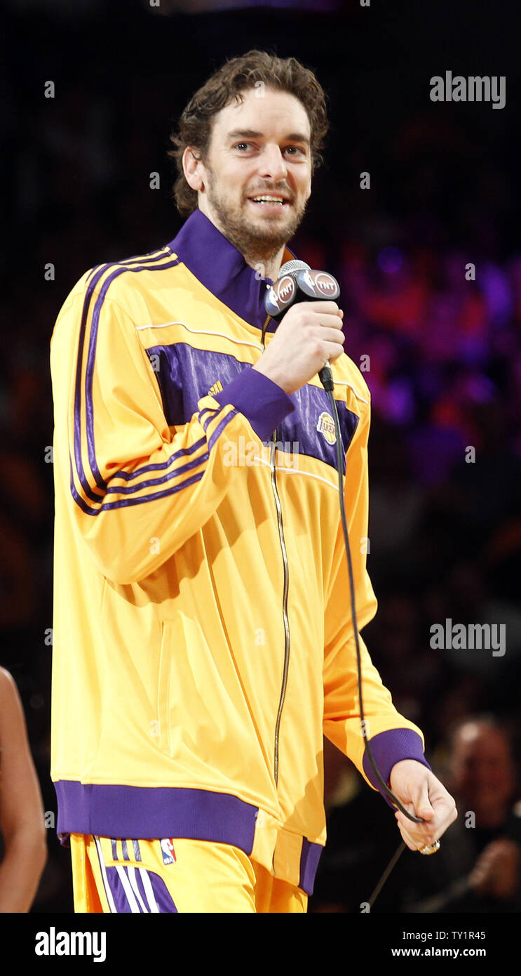 Los Angeles Lakers Pau Gasol gets his championship ring from NBA Commission  David Stern before their NBA basketball game against the Houston Rockets in  Los Angeles on October 26, 2010. The Lakers