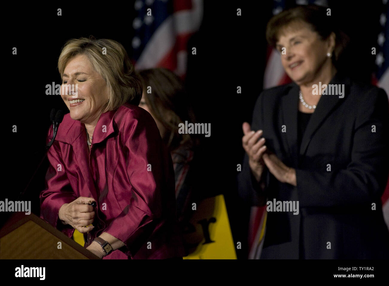 Democratic Sen. Barbara Boxer declares victory over Republican candidate Carly Fiorina on election night November 2, 2010, at the Renaissance Hollywood Hotel in Los Angeles, California.  The Democrats held onto the Senate but the Republicans took control of the House in the Federal Elections.   UPI/Jonathan Alcorn Stock Photo