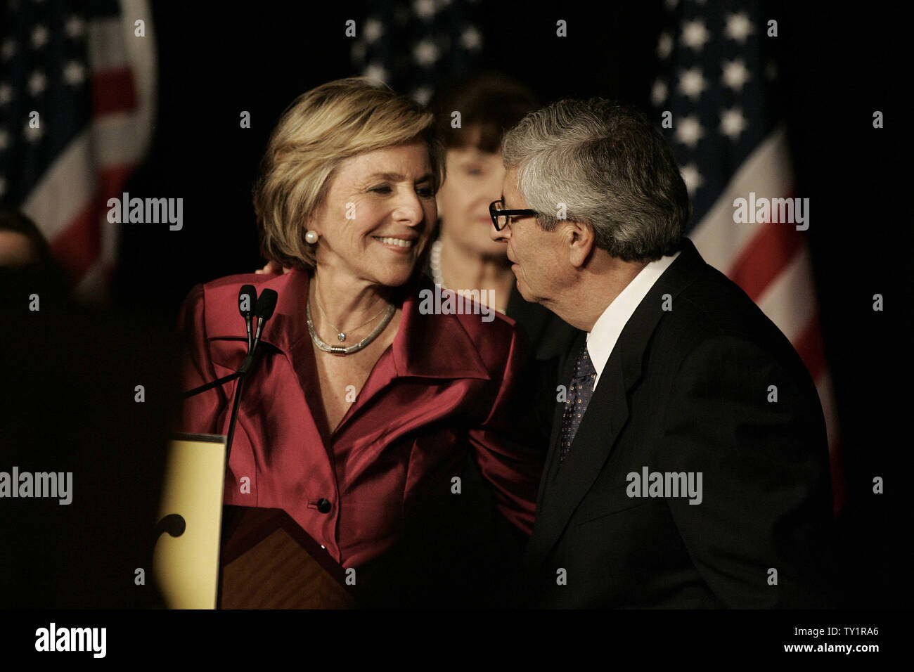 Democratic Sen. Barbara Boxer, with her husband Stewart Boxer, declares victory over Republican candidate Carly Fiorina on election night November 2, 2010, at the Renaissance Hollywood Hotel in Los Angeles, California.  The Democrats held onto the Senate but the Republicans took control of the House in the Federal Elections.   UPI/Jonathan Alcorn Stock Photo