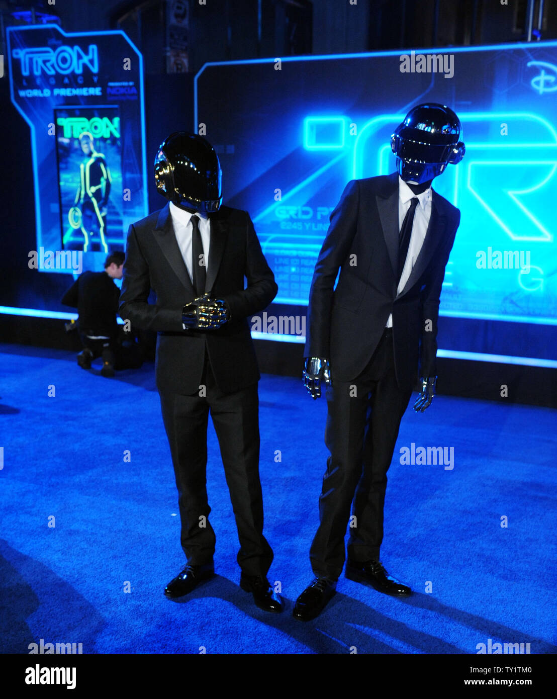 French electronical music duo Daft Punk members Thomas Bangalter and Guy-Manuel Homem-Christo, cast members in the motion picture sci-fi thriller 'TRON: Legacy', attend the world premiere of the film at the El Capitan Theatre in the Hollywood section of Los Angeles on December 11, 2010.  UPI/Jim Ruymen Stock Photo