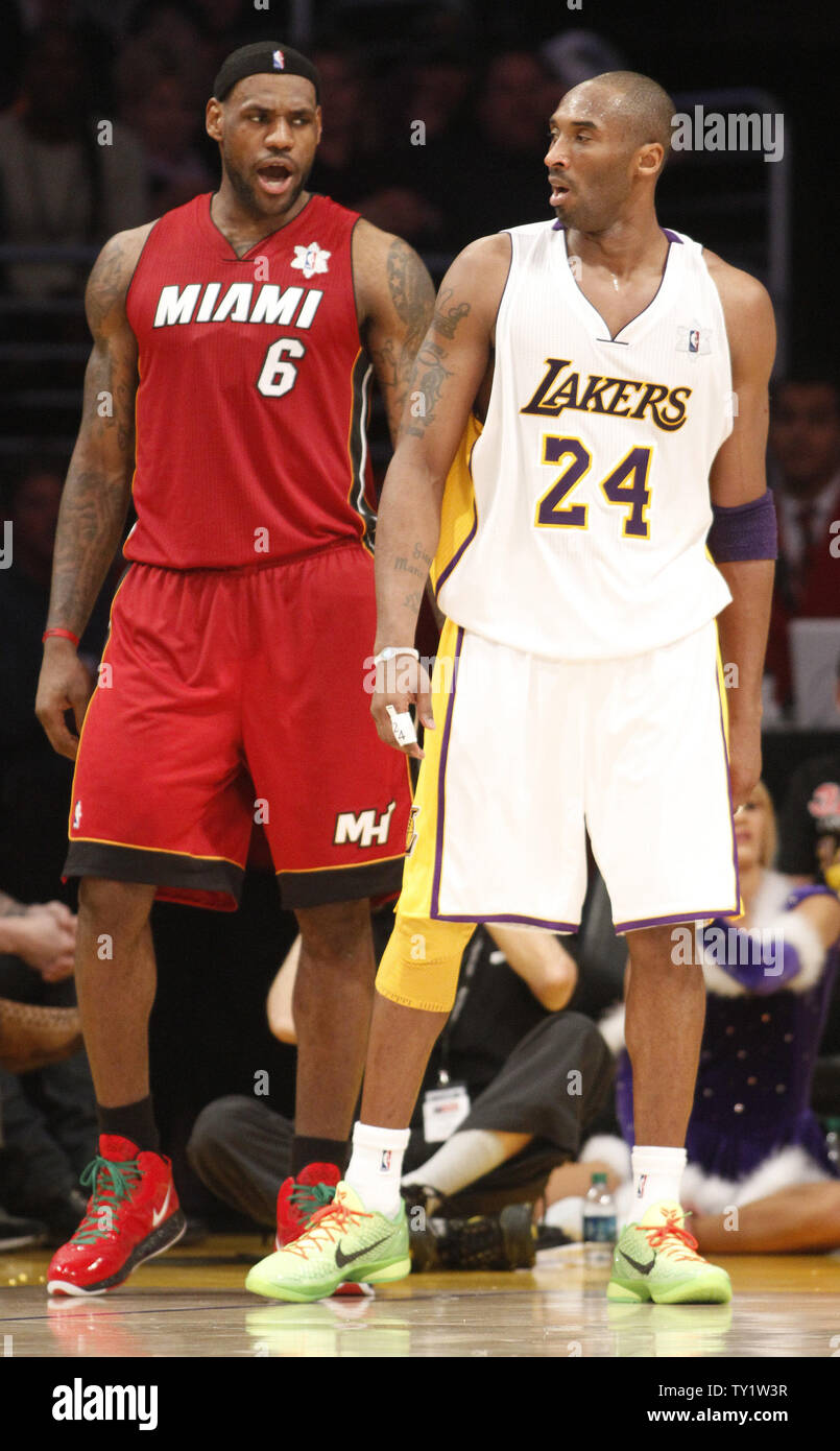 Miami Heat small forward LeBron James 6 and Los Angeles Lakers shooting guard Kobe Bryant 24 exchange some words in the second half of their NBA basketball game in Los Angeles on