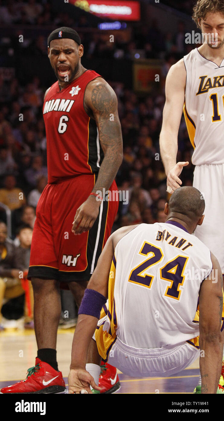 Miami Heat small forward LeBron James (6) yells at Los Angeles Lakers shooting guard Kobe Bryant (24) after Bryant was called for an offensive foul in the second half of  their NBA basketball game in Los Angeles on December  25, 2010.   UPI/Lori Shepler Stock Photo